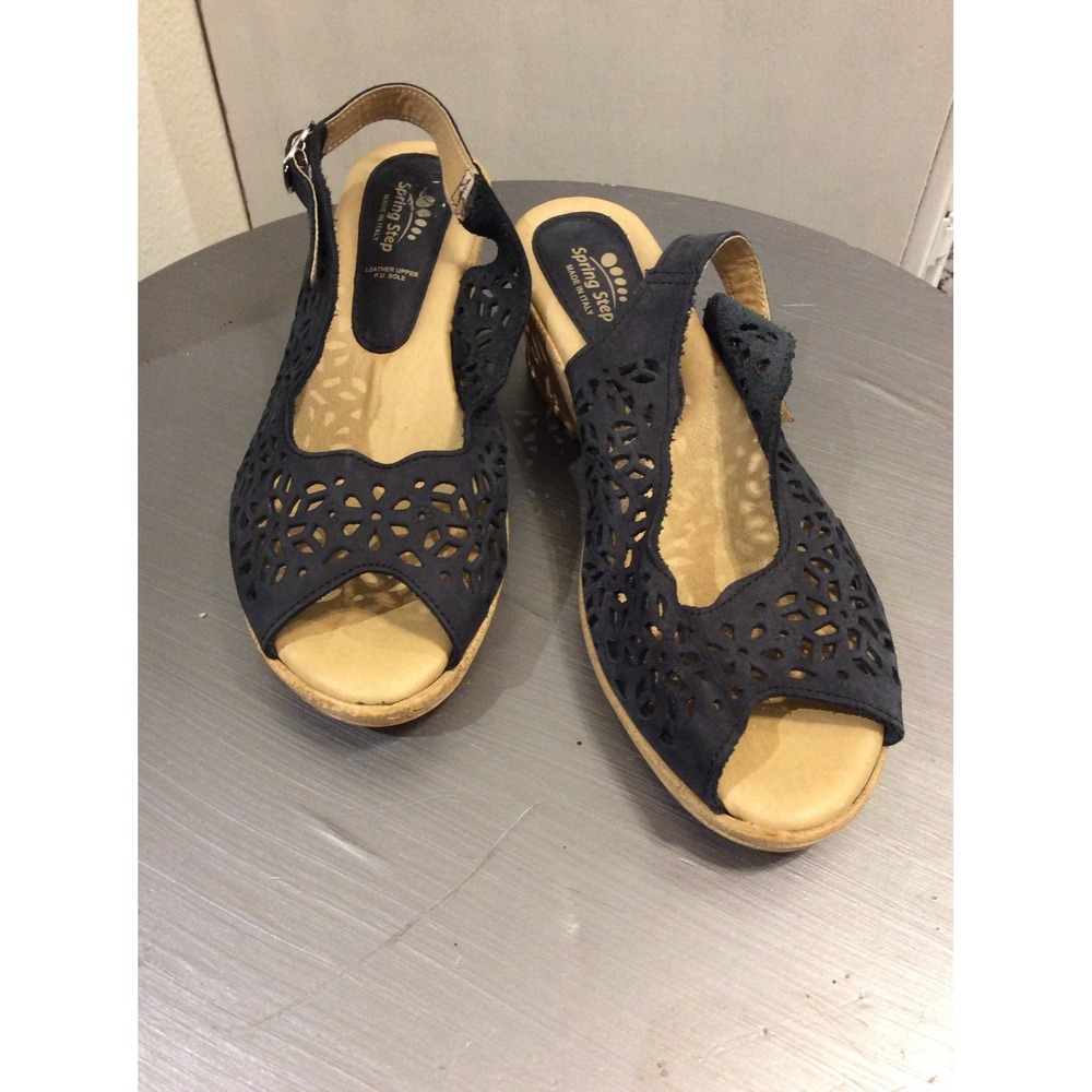 Spring Step Womens Size EU 40 Leather Black Sandal Strapback Perforated Comfort